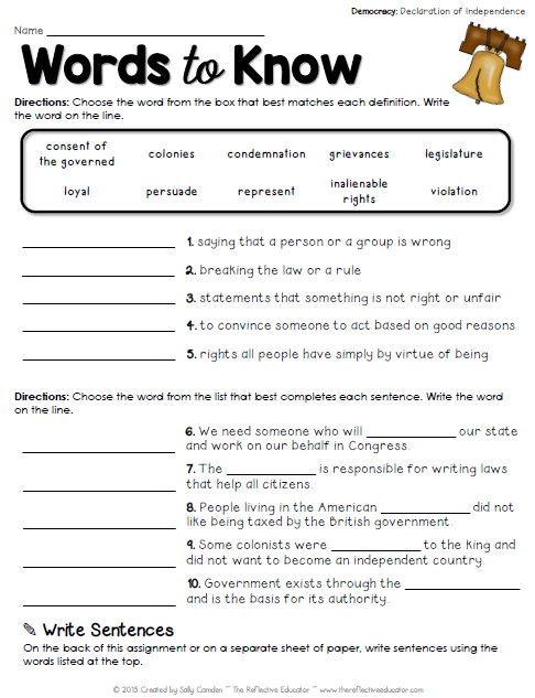 Fun Printable Worksheets About the Declaration of Independen