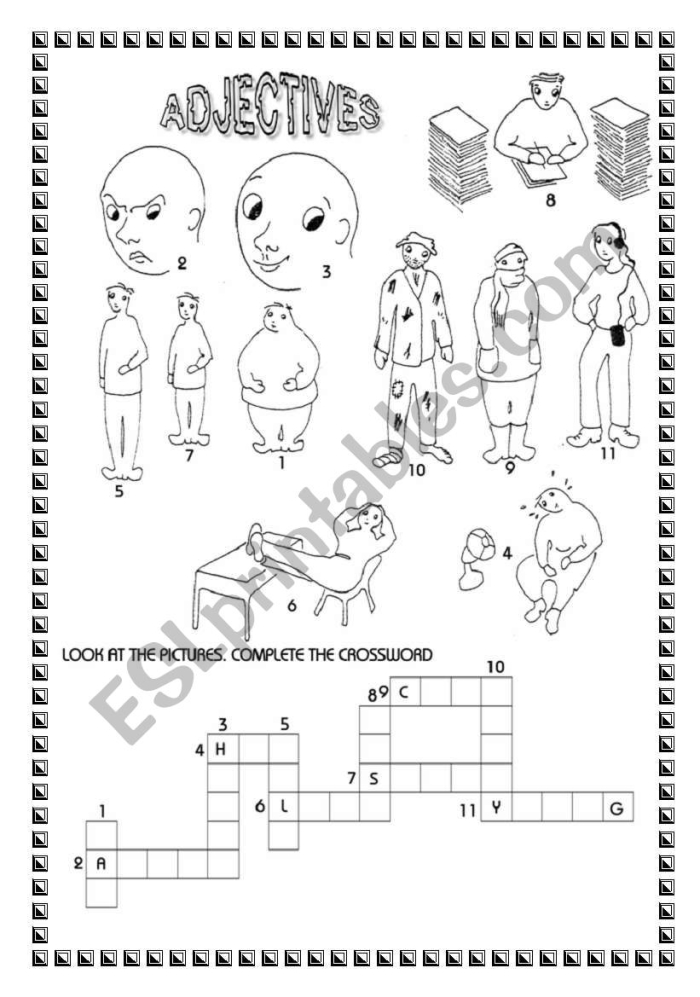 Second Grade adjectives crossword worksheet for phonics practice with descriptive words
