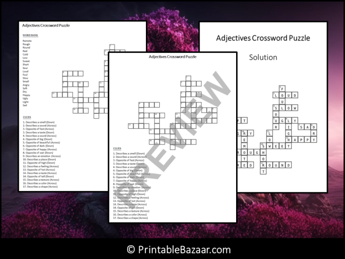 Second grade adjectives crossword puzzle worksheet filled with descriptive words