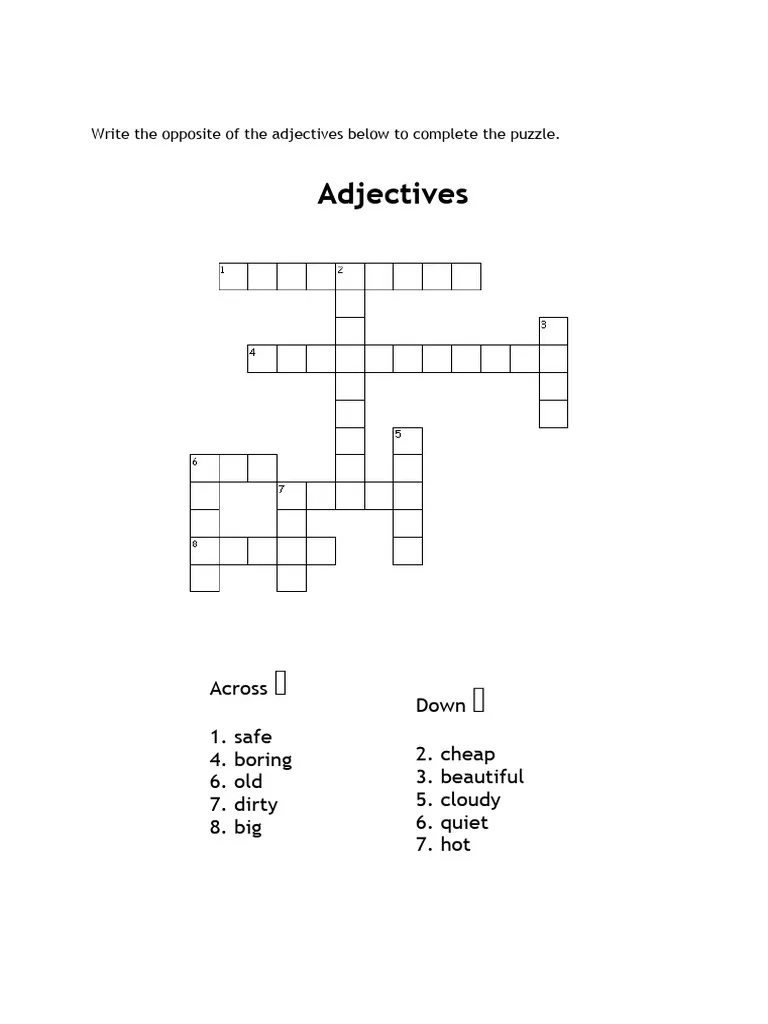 Second Grade Adjectives Crossword worksheet for phonics practice with descriptive words