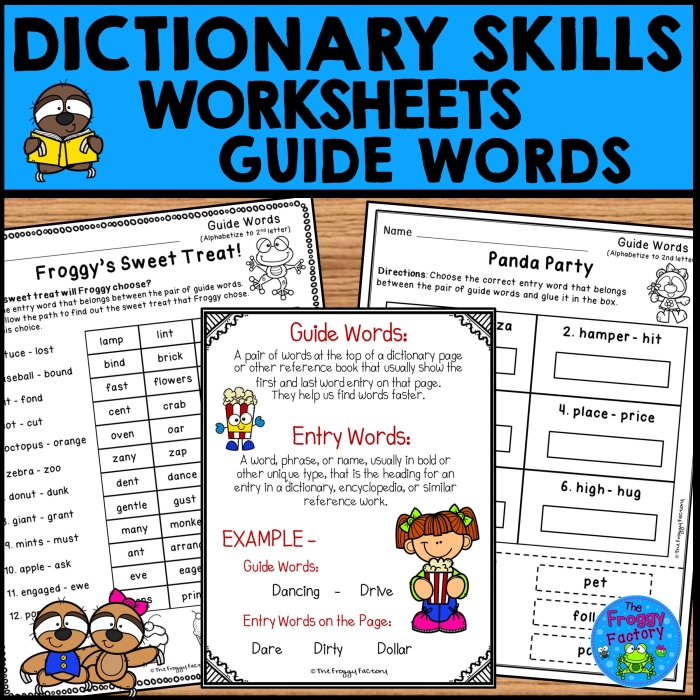 Second grade student learning dictionary entry components with guide words and word definitions