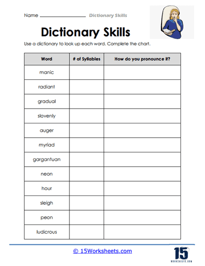 Second grade student learning dictionary entry components with guide words and word definitions