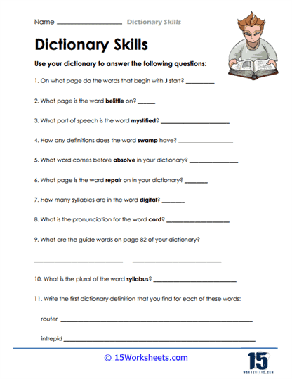 Second grade student learning dictionary entry components with guide words and word definitions