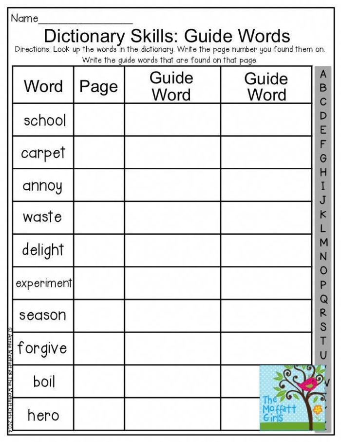 Second grade student learning to identify parts of a dictionary entry with labeled examples and practice exercises