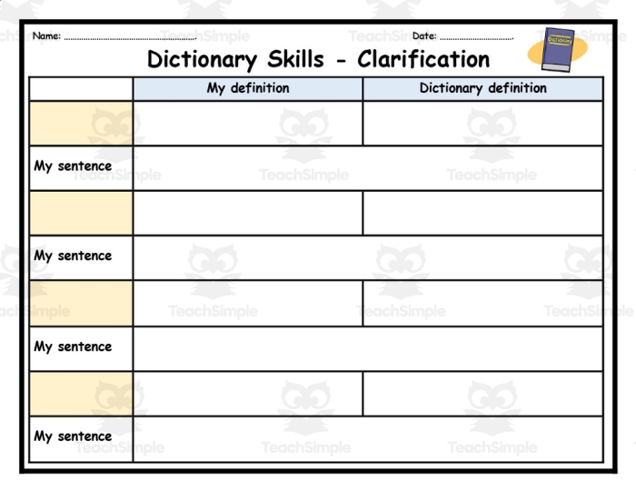 Second grade student learning dictionary entry components with guide showing word definitions and pronunciations