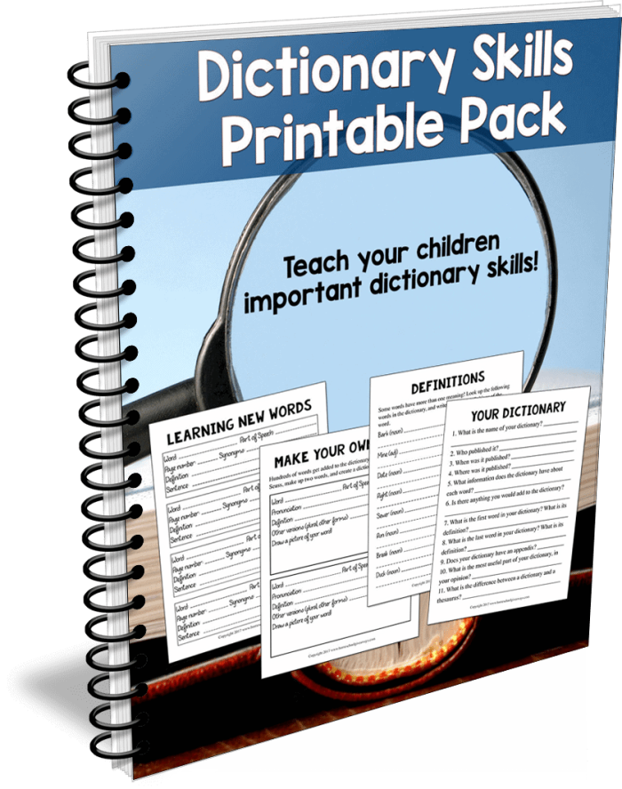 Second grade student learning dictionary entry components with guide words and word definitions