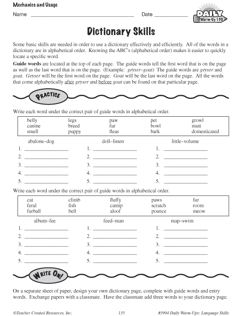 Second grade student learning to identify dictionary entry parts including words, definitions, and pronunciation guides on a colorful worksheet