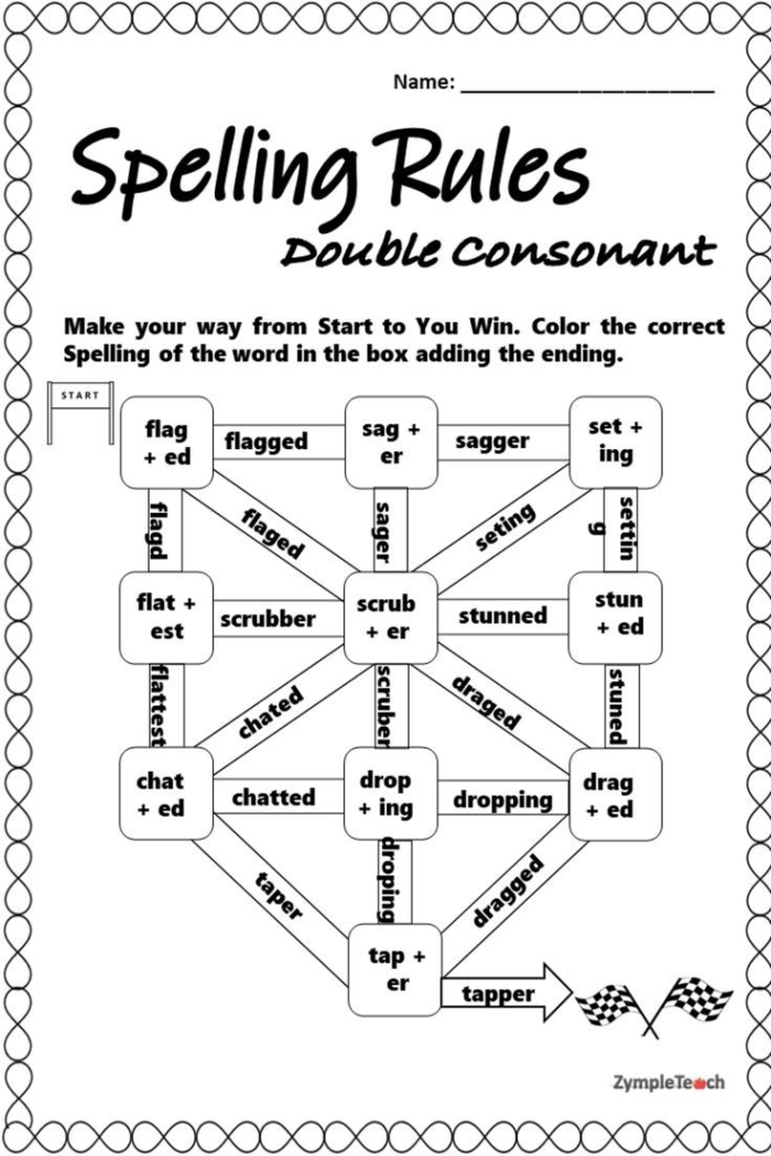 Second grade students practicing the double consonant rule by completing past tense verb spelling exercises with words like hopped and stopped