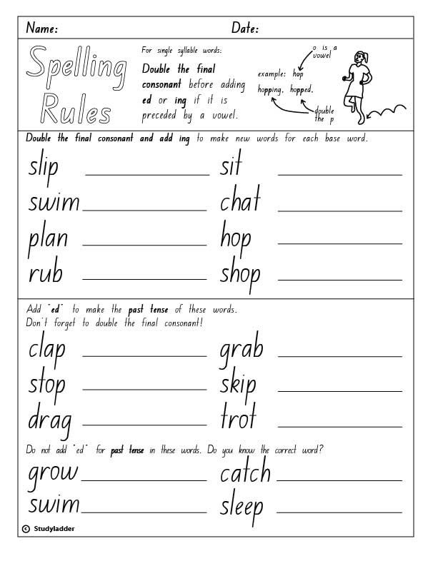 Second grade students practicing the double consonant rule by adding -ed to verbs like hop, stop, and skip on a worksheet activity