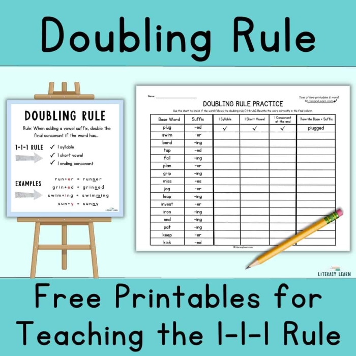Second grade worksheet showing double consonant rule examples for past tense verbs with hop and stop spelling patterns