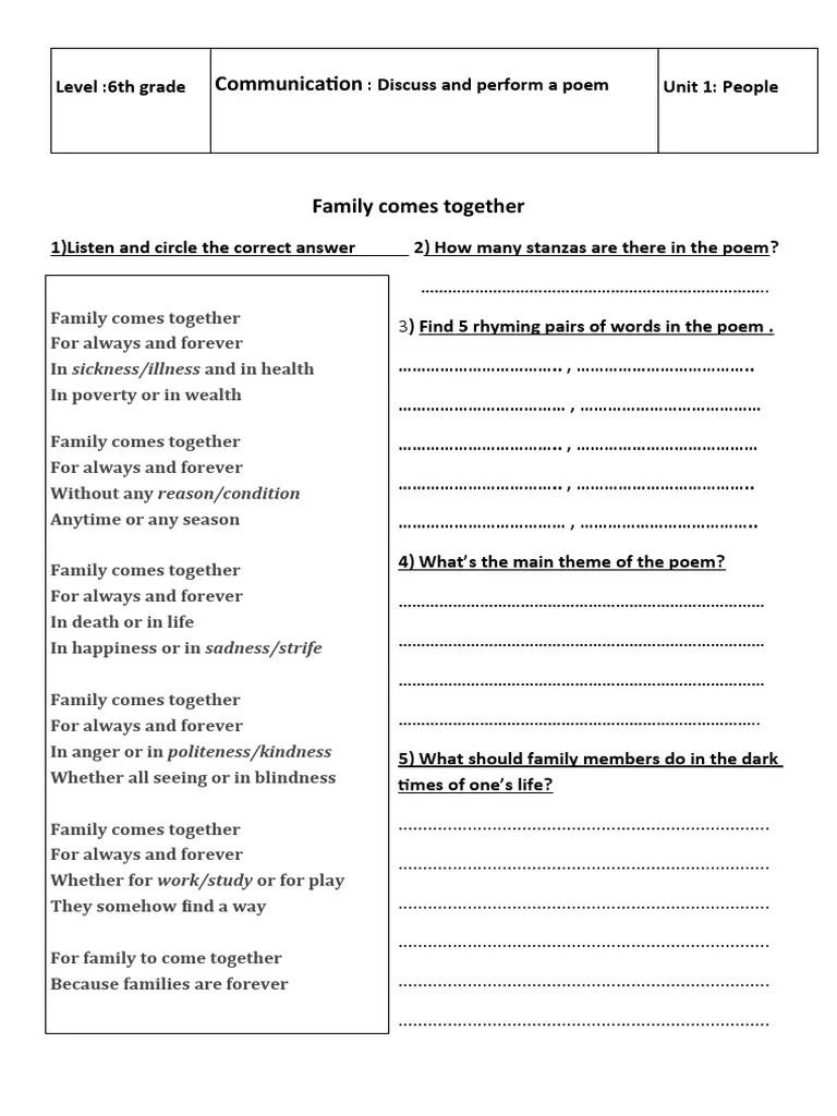 Phonics activity assembling a family poem using -er, -ir, and -ur sounds for second graders Second grade Earth and Space Science worksheet featuring a poem with -er, -ir, and -ur words