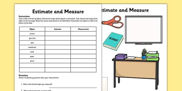Worksheet showing a second-grade activity for estimating, measuring, and comparing lengths of classroom objects