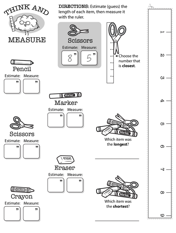 Second grade students estimating, measuring, and comparing lengths of crayons and markers with a ruler worksheet