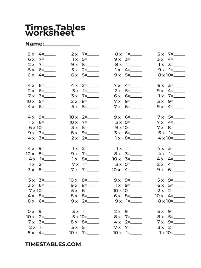 Second Grade Math Table Worksheets