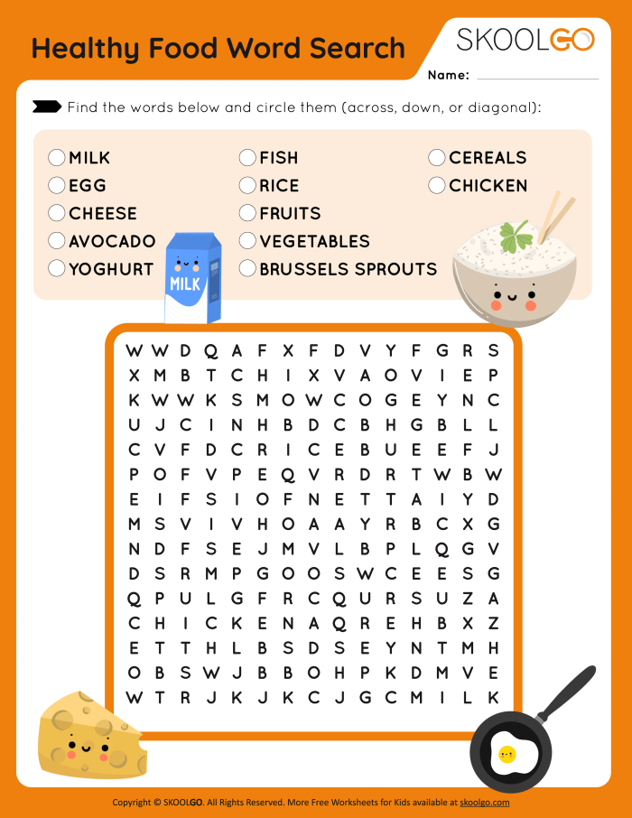 Food-themed word search puzzle for second graders to build spelling and logic skills, image 19 Second grade food word search worksheet featuring various tasty food items to find