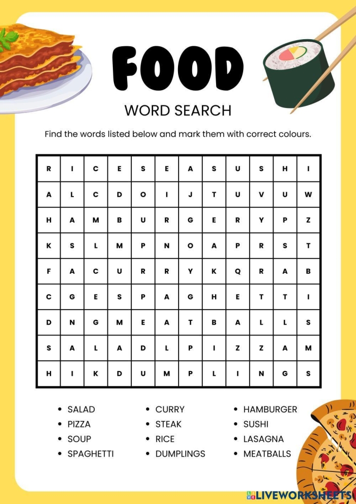 Engage with delicious words in this fun food-themed word search for second graders Second Grade Food Word Search worksheet featuring tasty food vocabulary to boost spelling and logic