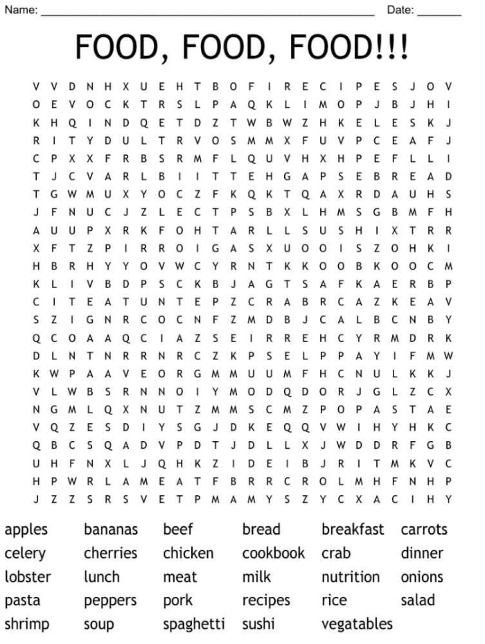Engage with a tasty food-themed word search for young learners, image 9 Second grade food word search worksheet to boost spelling and logic skills