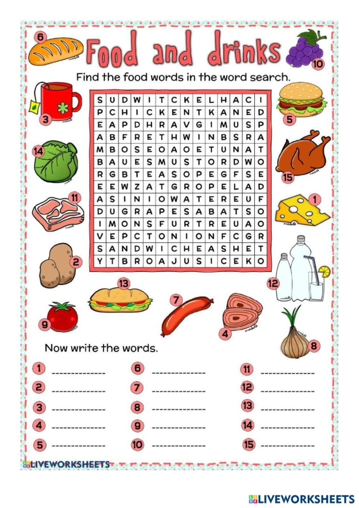 Engage in a fun food-themed word search for second graders to enhance language skills Second Grade Food Word Search worksheet featuring tasty vocabulary to boost spelling and logic