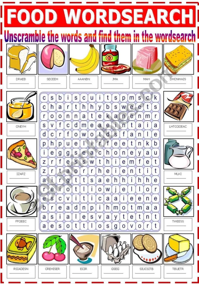 Life science food word search activity for second graders to boost spelling and logic skills Second grade food word search worksheet featuring tasty vocabulary words to find