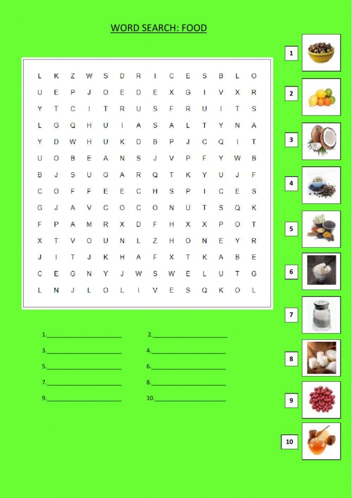 Life Science Food Word Search Activity for Second Graders with fun food words Second Grade Food Word Search worksheet featuring tasty food vocabulary