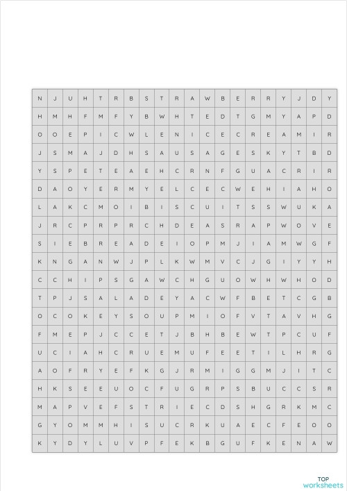 Life science worksheet for practicing logic and spelling with food terms Second grade food word search puzzle featuring tasty vocabulary words