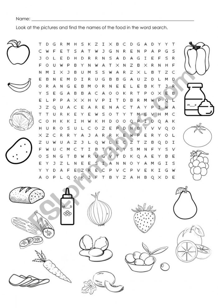 Engaging life science food vocabulary puzzle for young learners Second grade food word search worksheet with various food-related words to find