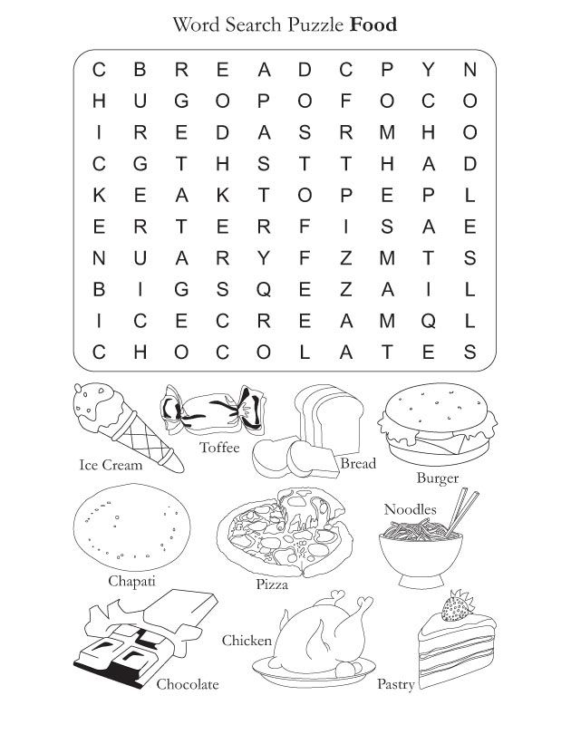 Engage in a fun food word search to boost spelling and logic skills Second grade food word search puzzle featuring various tasty items