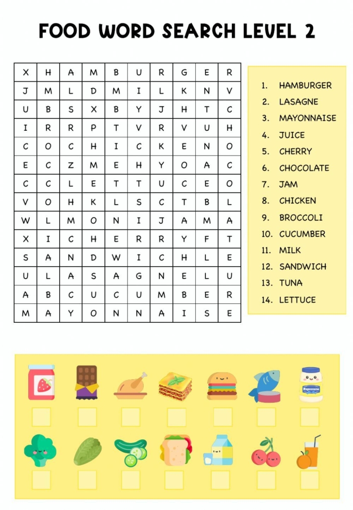 Engage with delicious vocabulary in this fun food word search activity for young learners Second Grade Life Science Food Word Search worksheet featuring various food items to find