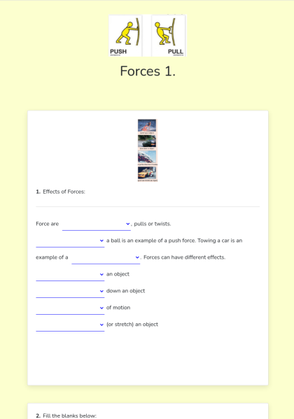 Second grader completing a Learn About Force worksheet by identifying push and pull actions