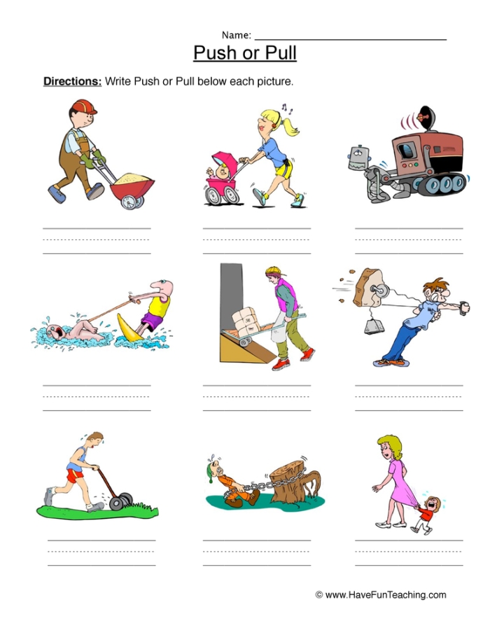 Second Grade worksheet showing children pushing and pulling objects to learn about force