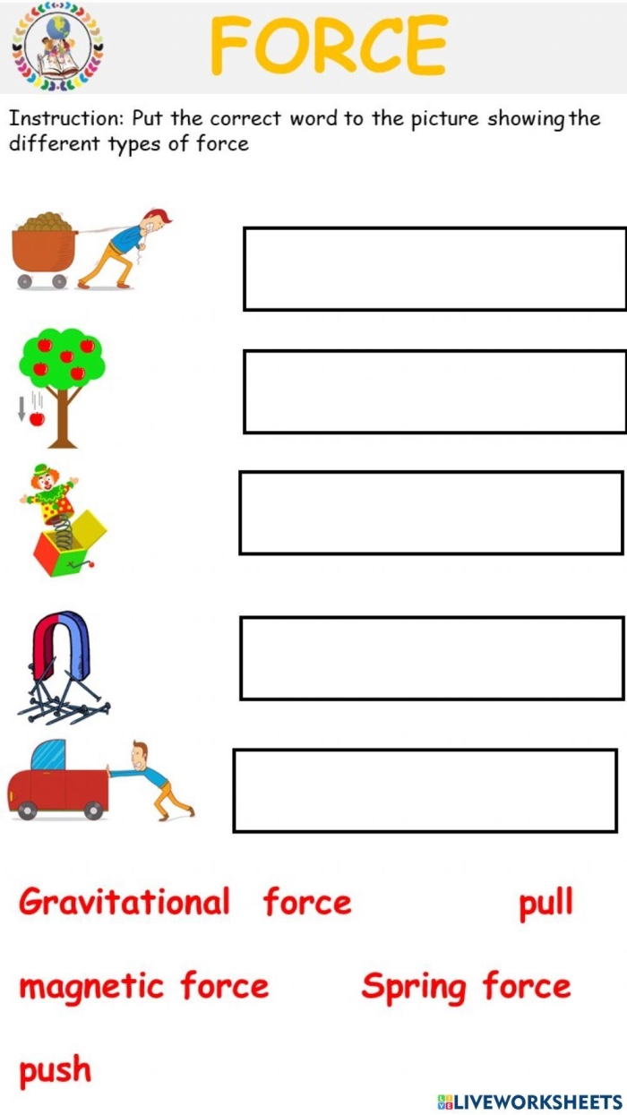 Second grader completing a worksheet on how people use force by pushing and pulling