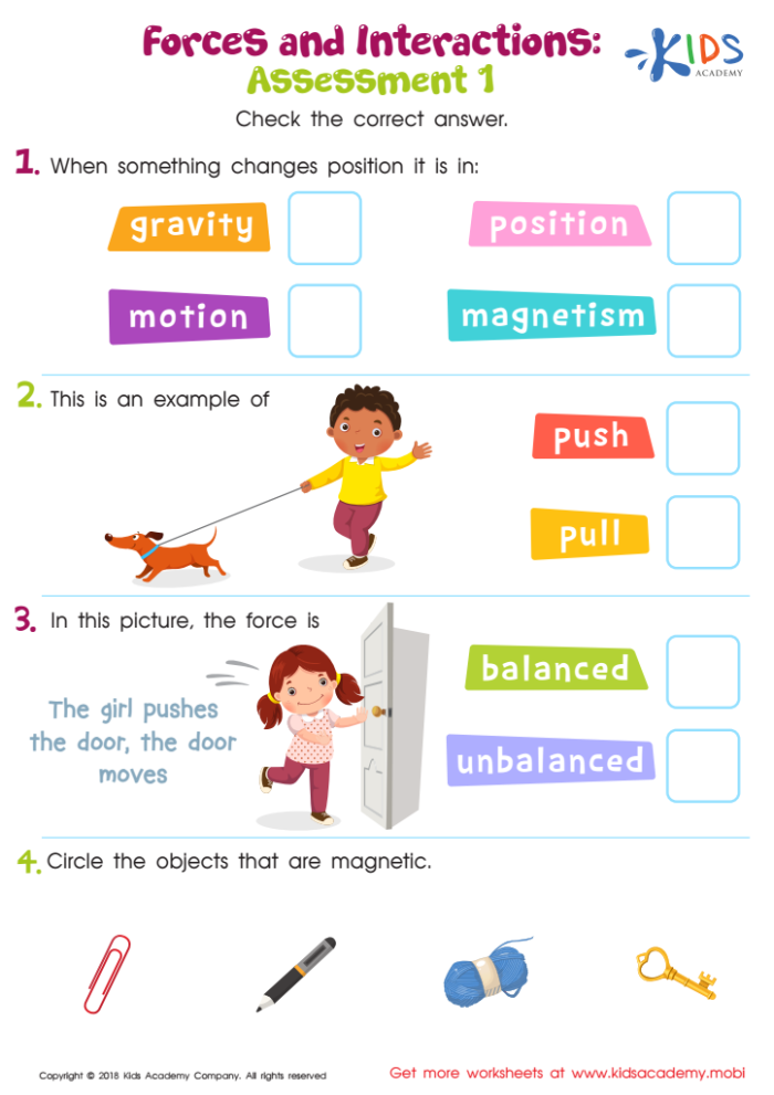 Second grader completing a Learn About Force worksheet by identifying pushes and pulls