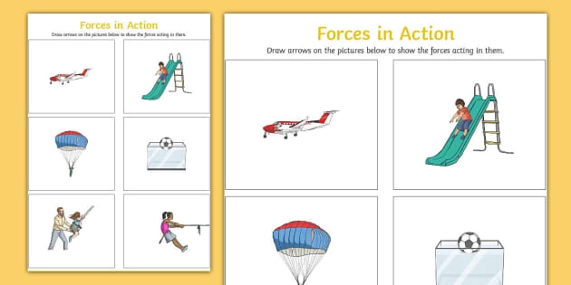 Second grader completing a Learn About Force worksheet by describing pushing and pulling actions