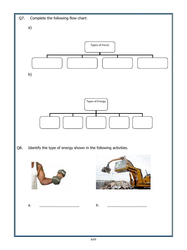 Second grader completing a Learn About Force worksheet by identifying pushing and pulling actions