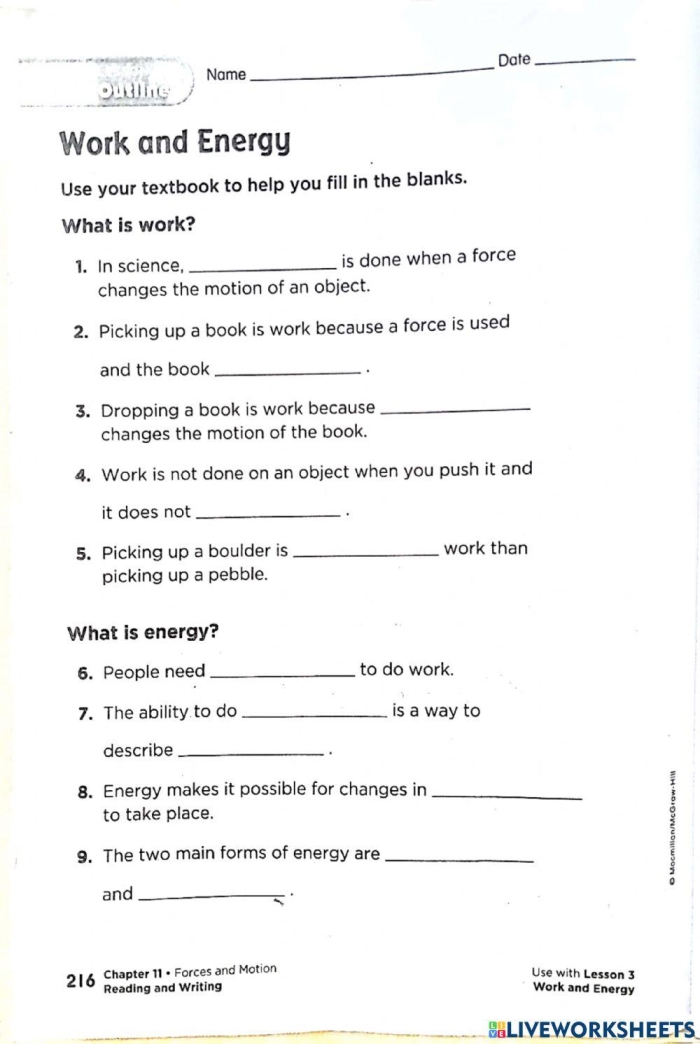 Second grader completing a Learn About Force worksheet by identifying pushing and pulling actions
