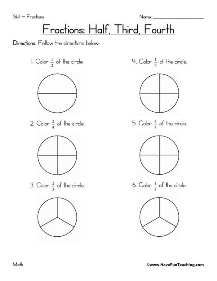 Second graders practicing fractions with shaded circle parts in halves, thirds, and fourths