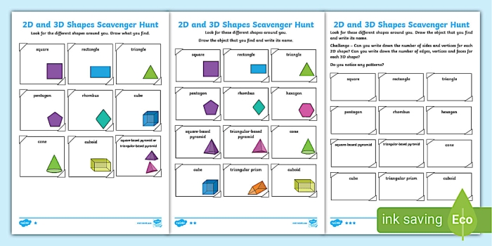 Second grade students exploring 3D shapes during a scavenger hunt worksheet focused on fractions