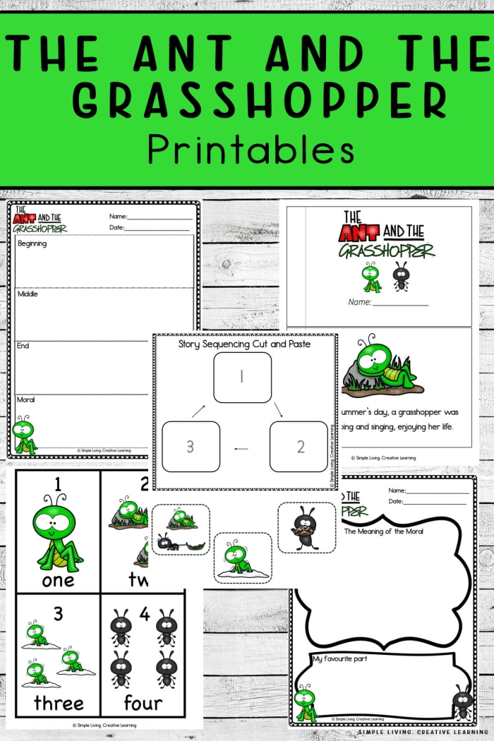Second Grade geometry worksheet featuring The Ant and the Grasshopper fable focusing on comprehension and predictions