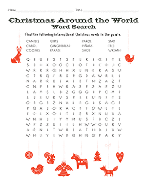 Christmas Around the World word puzzle for second graders exploring festive customs Second Grade Christmas Around the World Word Search featuring global holiday traditions