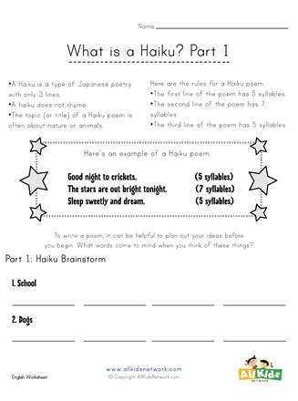 Discover haiku basics with this fun and easy worksheet for young writers, image 5 Second grade student completing a Compose a Haiku worksheet focused on simple poetry