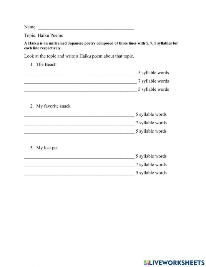 Haiku worksheet for young learners exploring basic poetry structures in history class Second grade students working on a compose a haiku worksheet focused on simple poetry