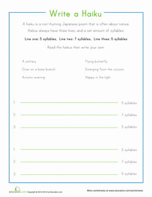 Compose a Haiku worksheet for young poets learning simple poetry forms Second grade student completing a haiku poem on a colorful worksheet