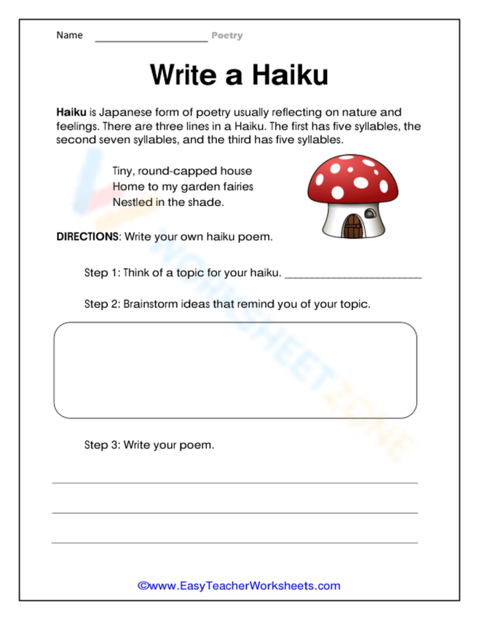 Compose a Haiku worksheet for young writers exploring poetry basics in history class Second grade student completing a Compose a Haiku worksheet focused on simple poetry