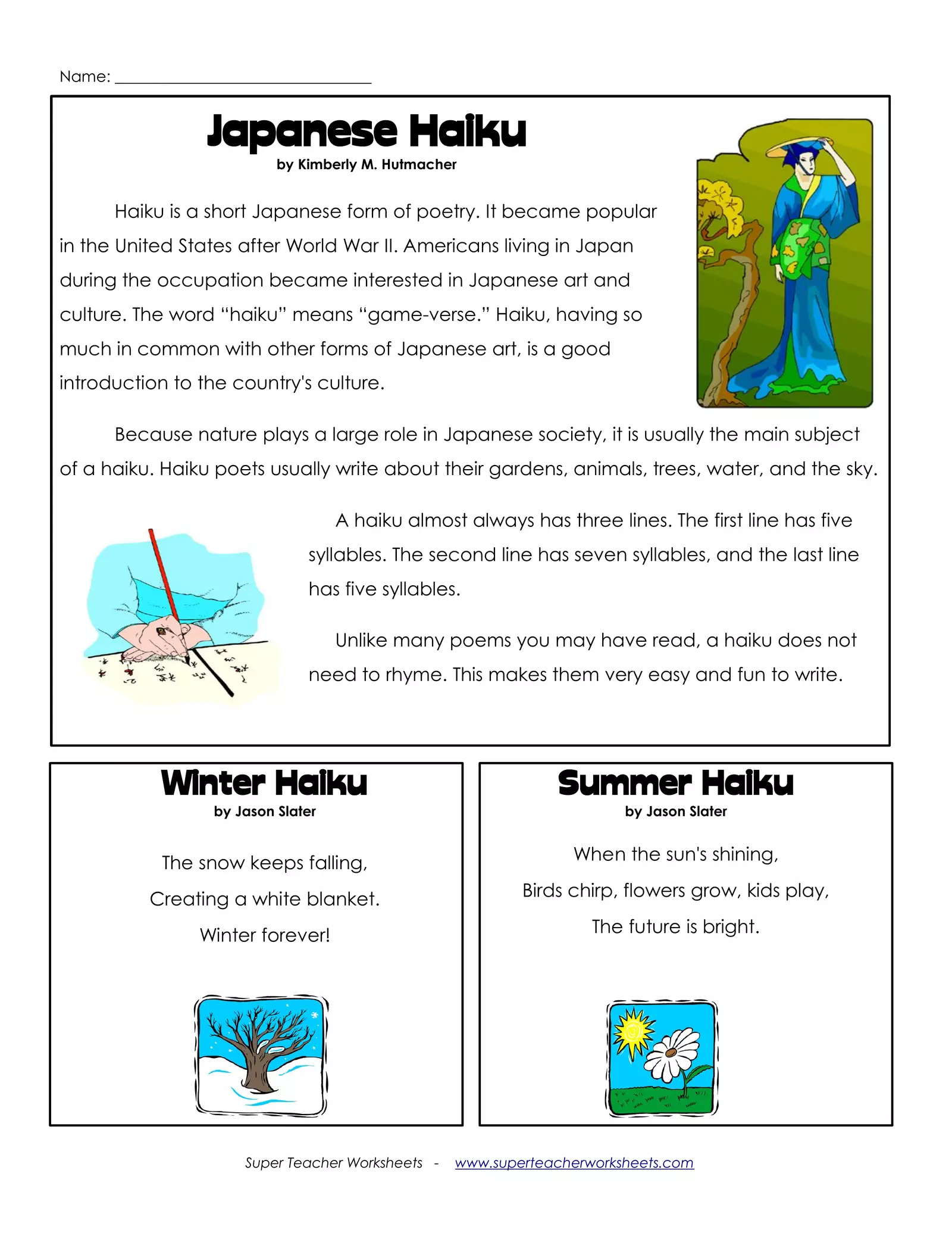 Compose a Haiku worksheet for young poets in grade two, image 25 Second grader writing a haiku poem on a worksheet for history class