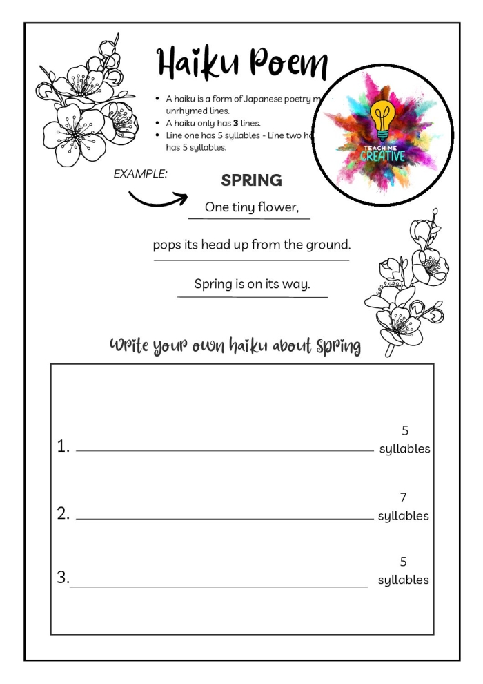 Compose a Haiku worksheet for young poets in history class Second grade student writing a haiku on a worksheet about poetry and history