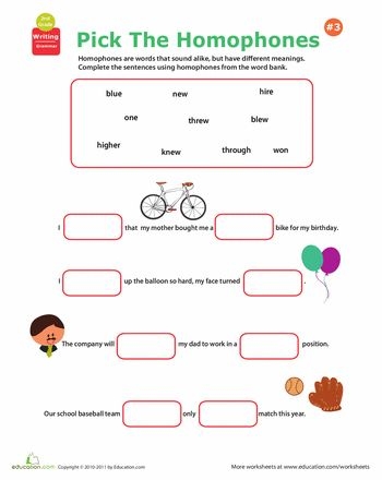 Pick the Homophones grammar exercise for second graders image 8 Second grade student completing a Pick the Homophones worksheet with a word bank