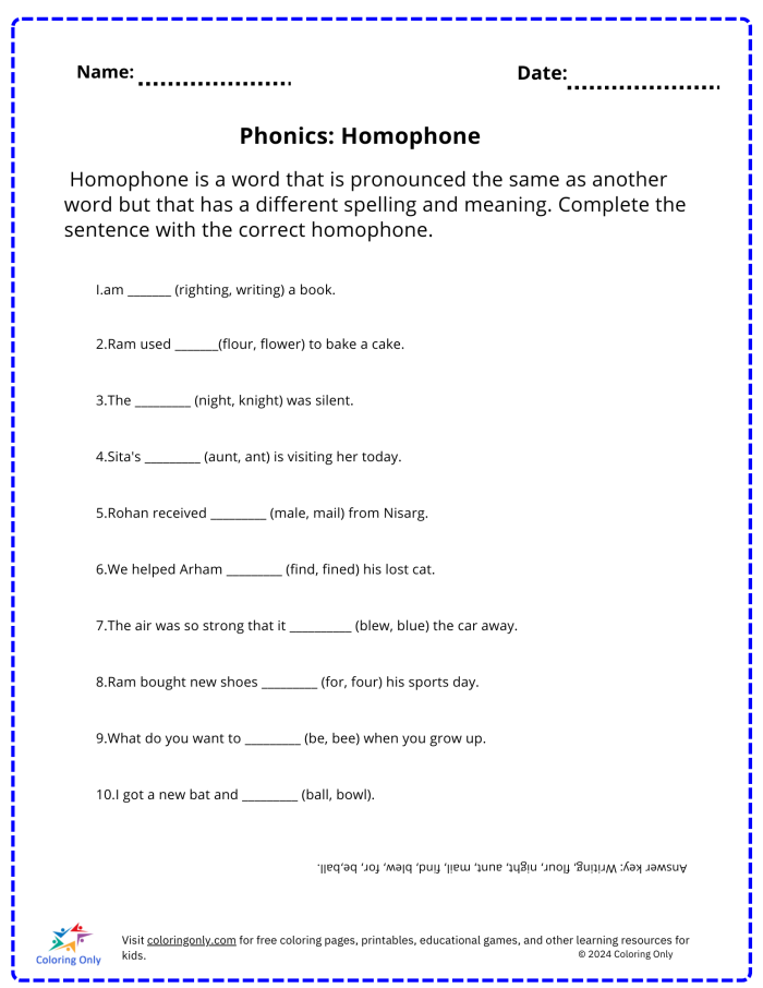 Pick the Homophones worksheet for second graders focusing on history vocabulary Second grade student completing a Pick the Homophones worksheet with a word bank