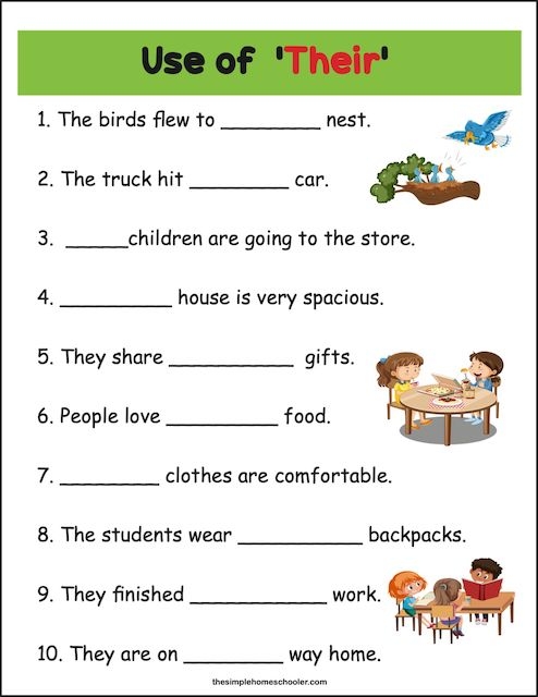 Second grade students filling out a worksheet on homophones they're and their in a life science class