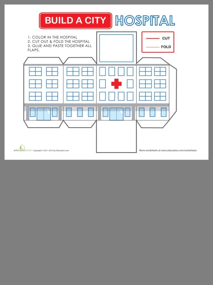 Fold and create a small hospital building with this printable worksheet for young learners Second Grade Build a City hospital worksheet showing a foldable mini hospital model for a paper city project