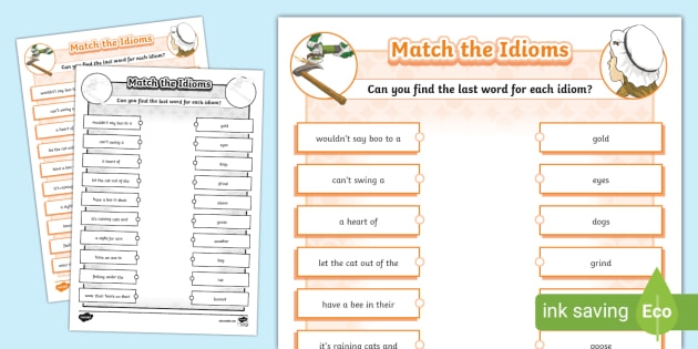 Second Grade students completing a Mixed-Up Idioms worksheet by matching idioms with their meanings and drawing illustrations
